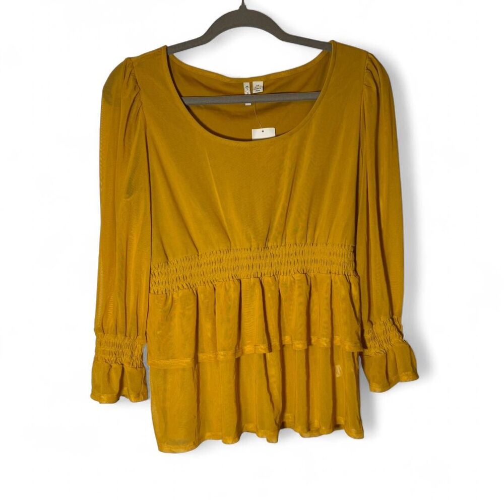 Womens Yellow Blouse Medium Smocked Waist Ruffle Long Sleeve Boho Flowy Fairy
